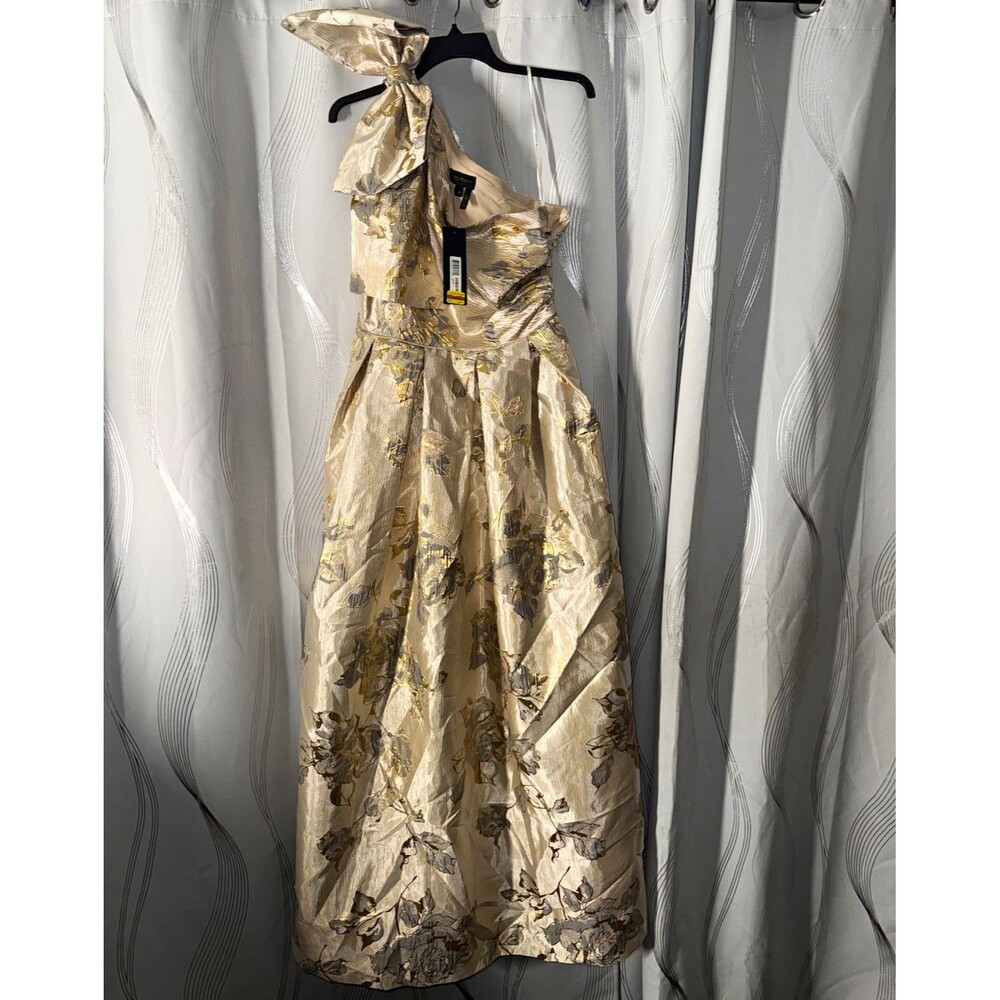 Donna Karan New York Gold/Ivory Floral Jacquard One Shoulder Bow Midi Dress 12